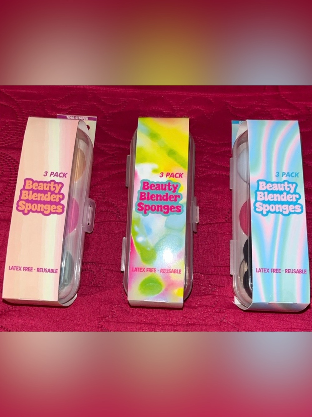 3 Pack Beauty Blender Sponges - Pastel Pink, Tie-Dye Green, Blue